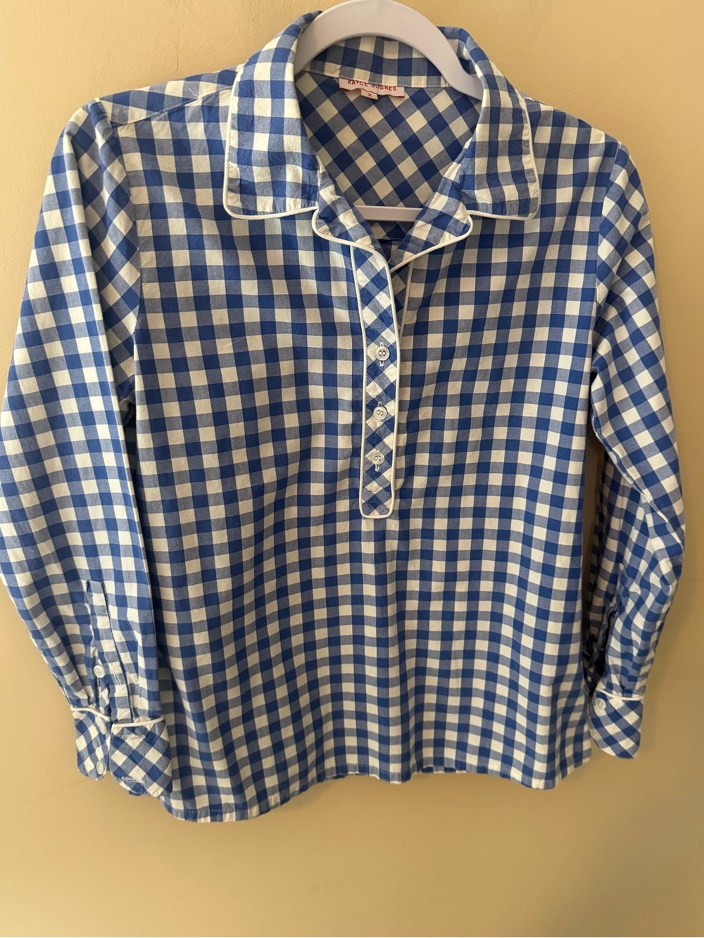 Kayce Hughes gingham cotton popover partial button blouse size 2 or size M?